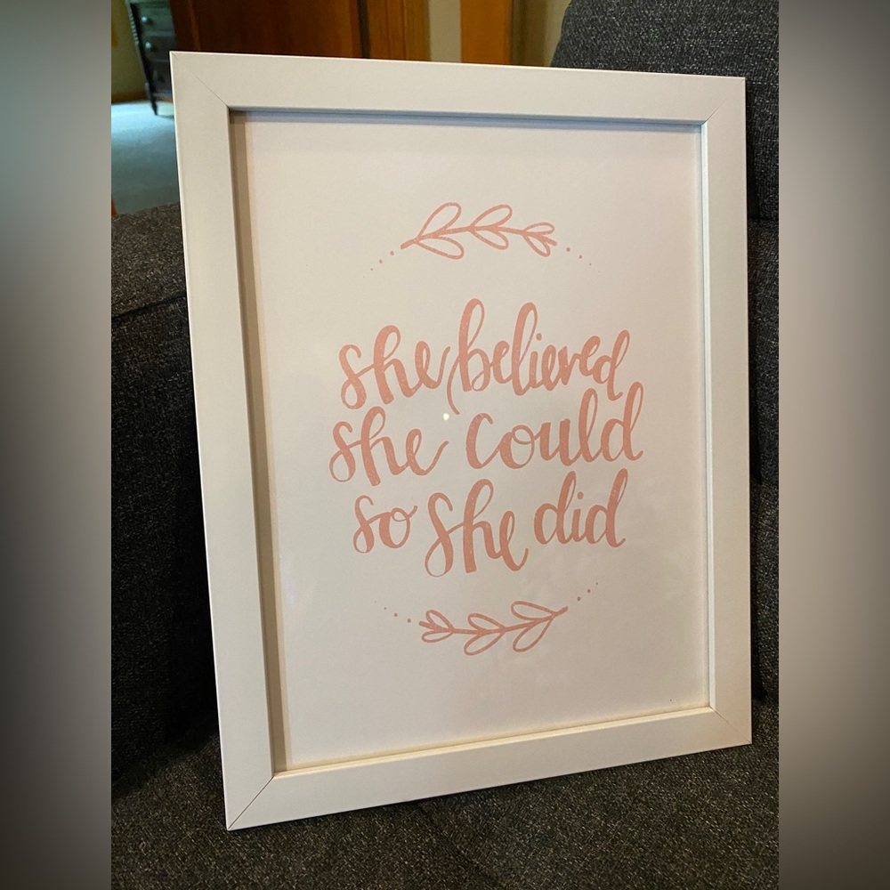Girls Room Decor, Pink “She believed she could so she did” framed print